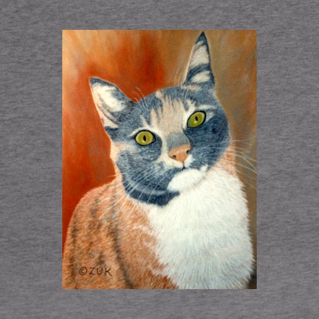 Calico Cat Pastel Portrait in Grey, White and Orange by KarenZukArt